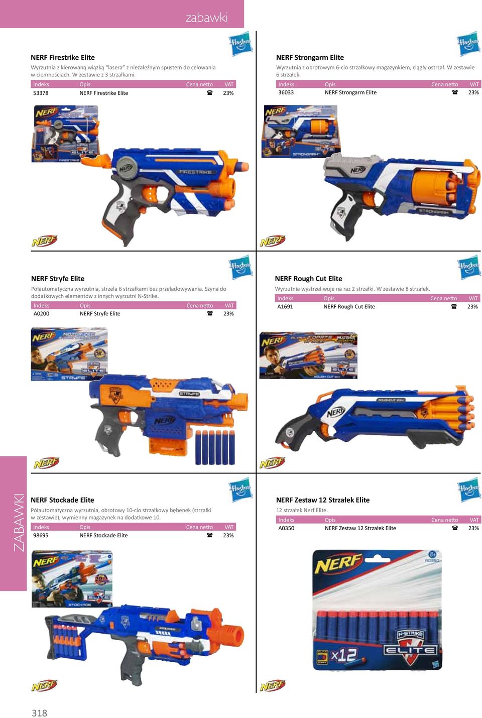 36033 NERF Strongarm Elite ( 23% NERF Stryfe Elite Półautomatyczna wyrzutnia, strzela 6 strzałkami bez przeładowywania. Szyna do dodatkowych elementów z innych wyrzutni N-Strike.