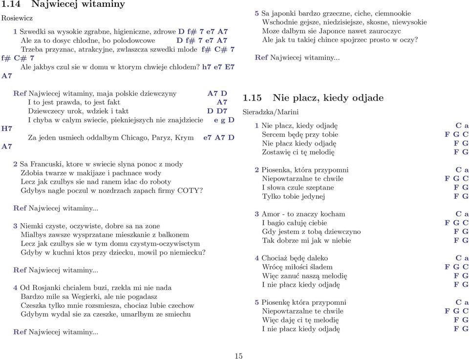 h7 e7 E7 A7 Ref Najwiecej witaminy, maja polskie dziewczyny A7 D I to jest prawda, to jest fakt A7 Dziewczecy urok, wdziek i takt D D7 I chyba w calym swiecie, piekniejszych nie znajdziecie e g D H7