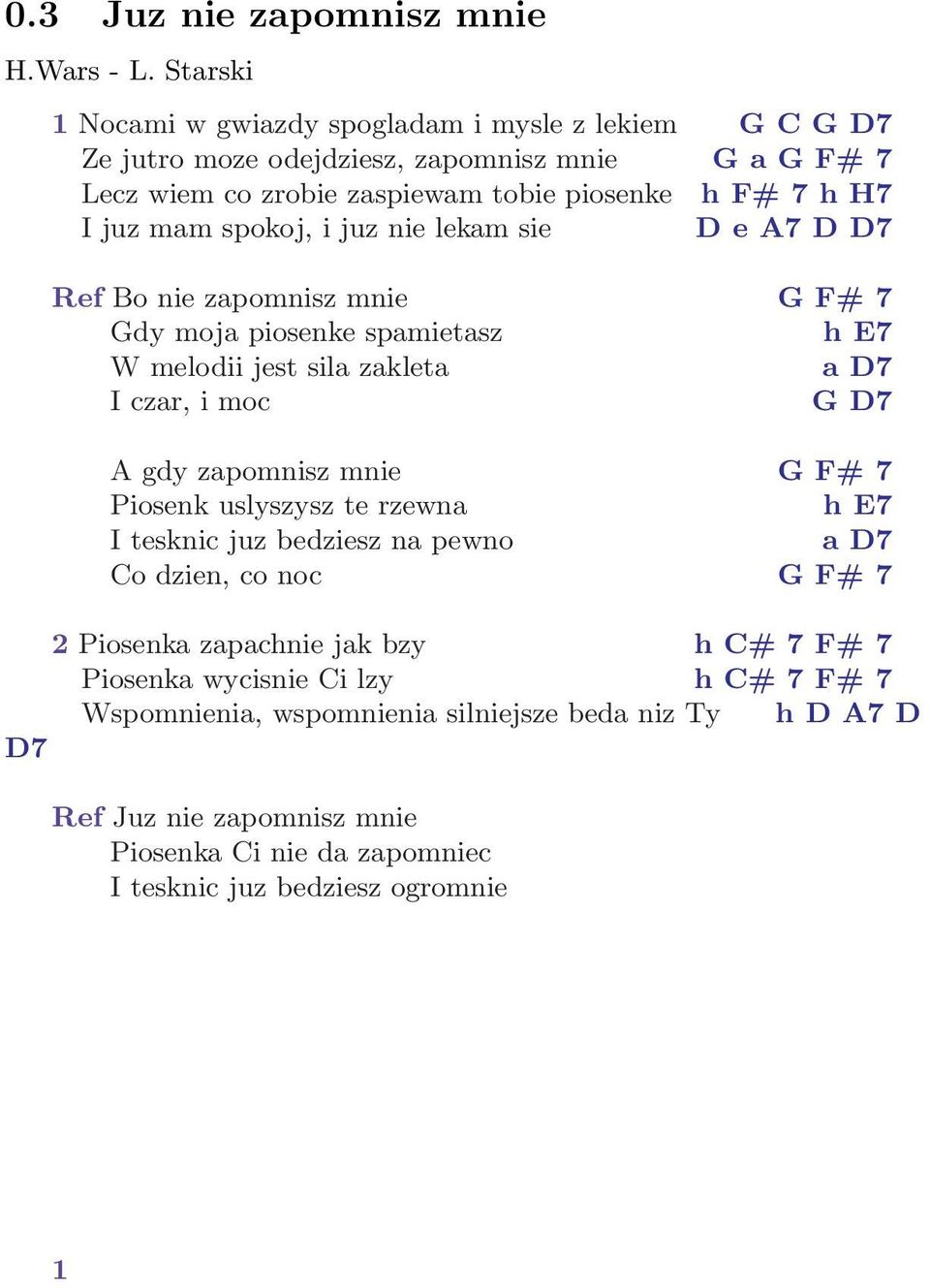 spokoj, i juz nie lekam sie D e A7 D D7 Ref Bo nie zapomnisz mnie G F# 7 Gdy moja piosenke spamietasz h E7 W melodii jest sila zakleta a D7 I czar, i moc G D7 A gdy zapomnisz mnie G