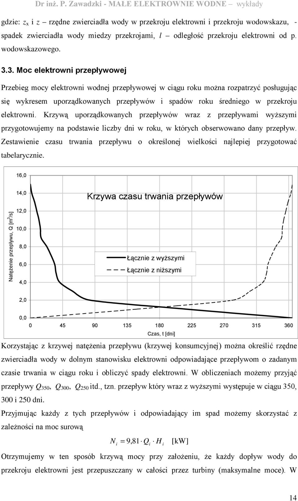 elektrowni. Krzywą uporządkowanych przepływów wraz z przepływami wyŝszymi przygotowujemy na podstawie liczby dni w roku, w których obserwowano dany przepływ.