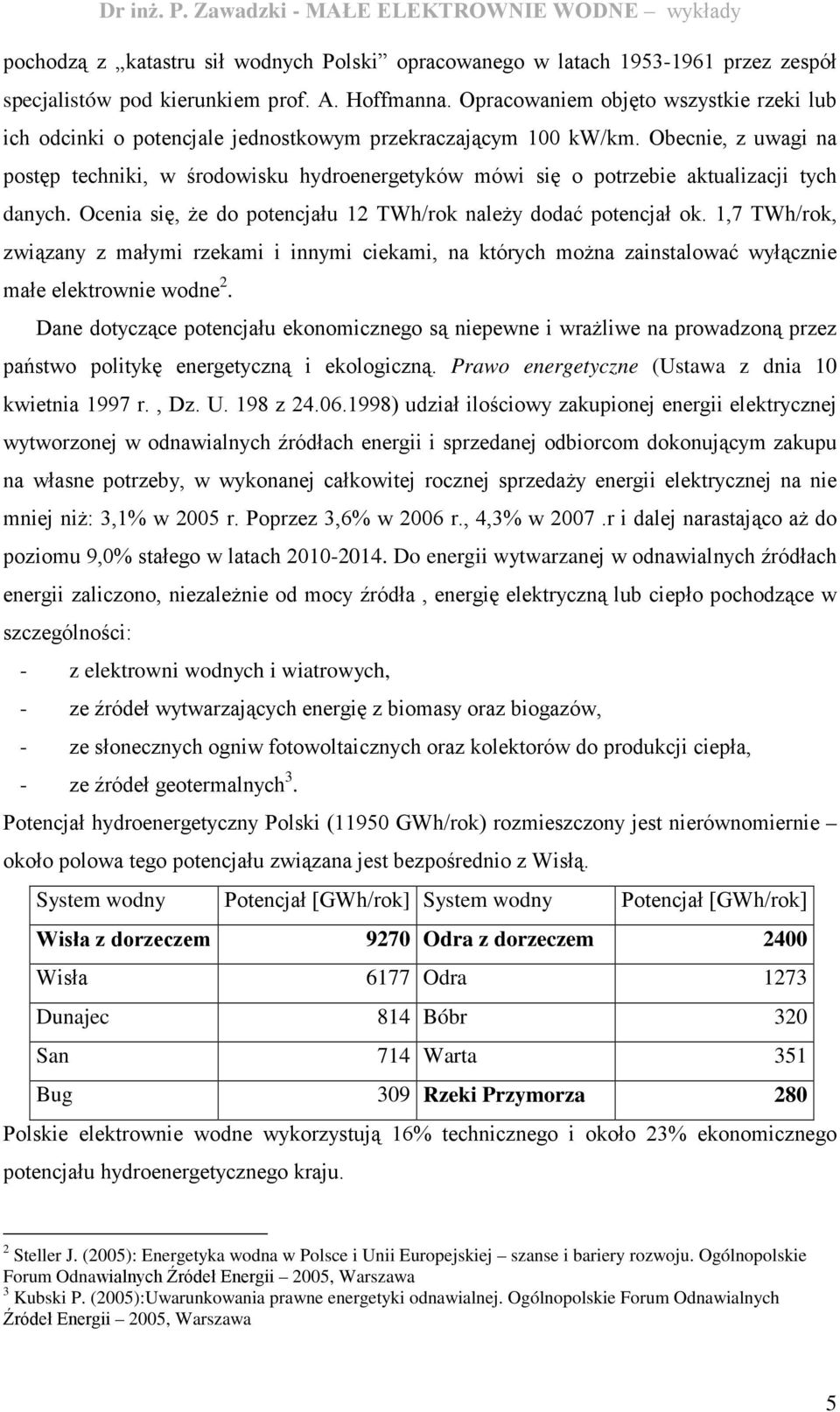 Obecnie, z uwagi na postęp techniki, w środowisku hydroenergetyków mówi się o potrzebie aktualizacji tych danych. Ocenia się, Ŝe do potencjału 12 TWh/rok naleŝy dodać potencjał ok.