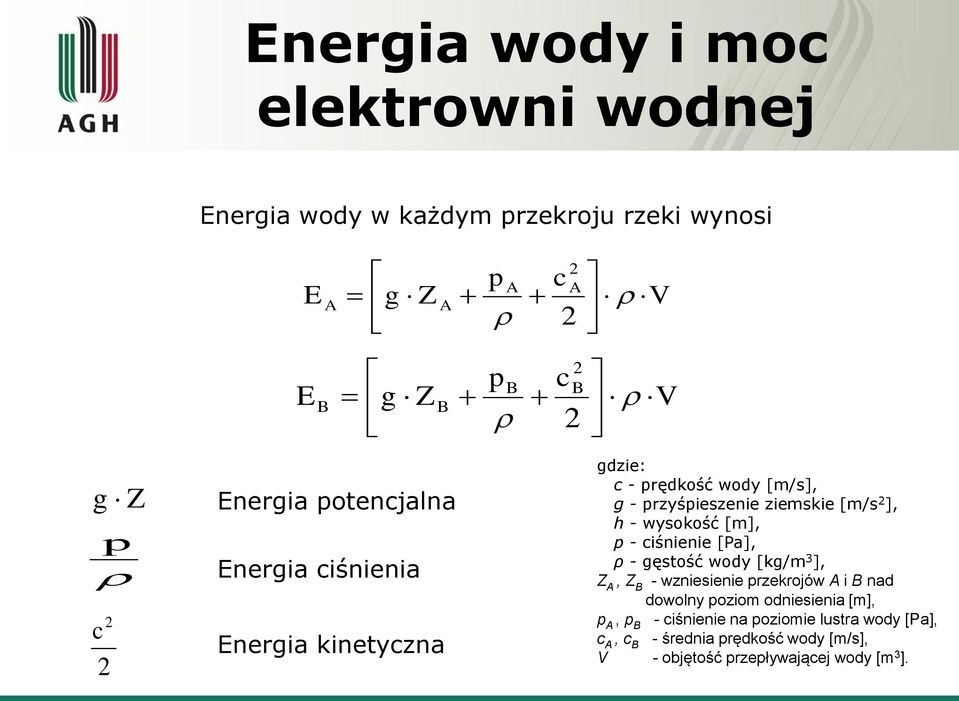 - wysokość [m], p - ciśnienie [Pa], ρ - gęstość wody [kg/m 3 ], Z A, Z B - wzniesienie przekrojów A i B nad dowolny poziom odniesienia