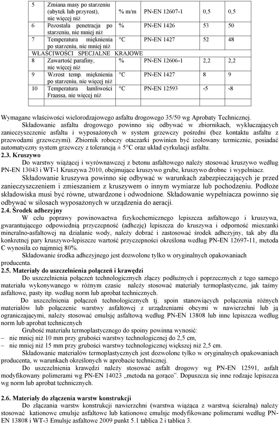 mięknienia C PN-EN 1427 8 9 po starzeniu, nie więcej niż 10 Temperatura łamliwości C PN-EN 12593-5 -8 Fraassa, nie więcej niż Wymagane właściwości wielorodzajowego asfaltu drogowego 35/50 wg Aprobaty