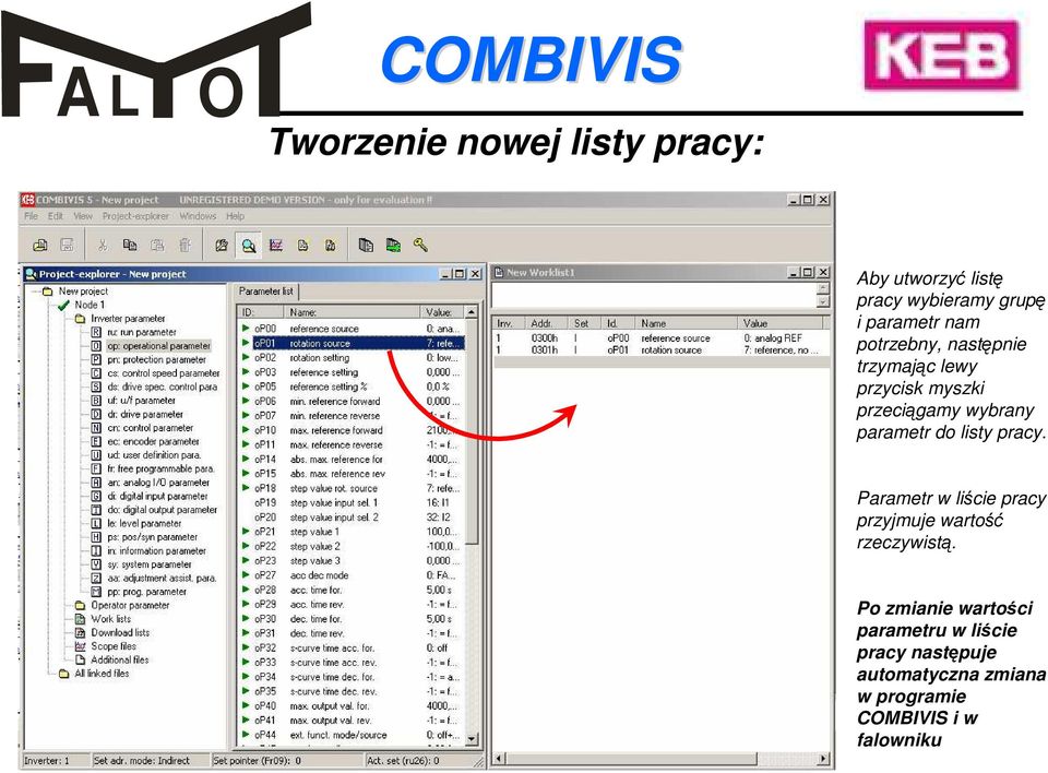 listy pracy. Parametr w liście pracy przyjmuje wartość rzeczywistą.