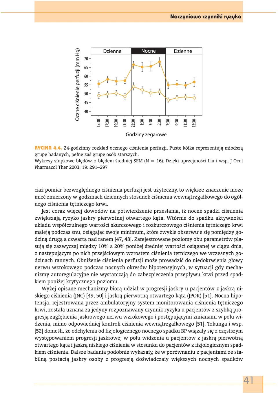 J Ocul Pharmacol Ther 2003; 19: 291 297 ciaż pomiar bezwzględnego ciśnienia perfuzji jest użyteczny, to większe znaczenie może mieć zmierzony w godzinach dziennych stosunek ciśnienia