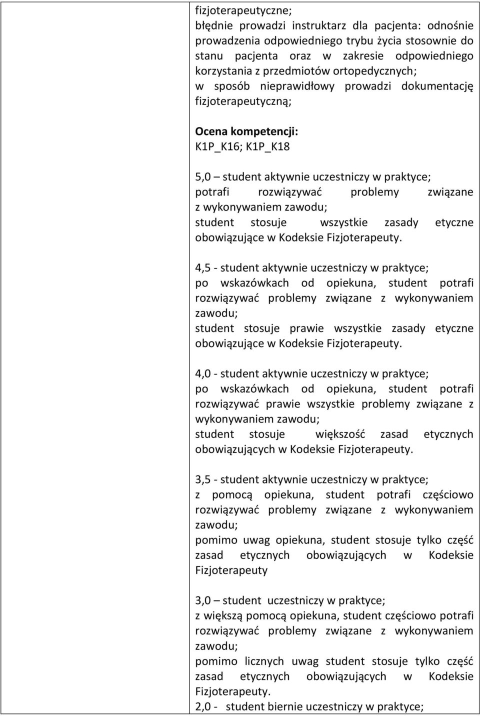 z wykonywaniem zawodu; student stosuje wszystkie zasady etyczne obowiązujące w Kodeksie Fizjoterapeuty.