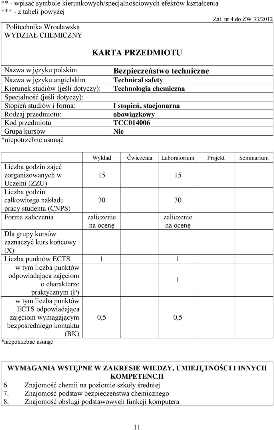 studiów i forma: Rodzaj przedmiotu: Kod przedmiotu Grupa kursów *niepotrzebne usunąć Bezpieczeństwo techniczne Technical safety Technologia chemiczna I stopień, stacjonarna obowiązkowy TCC014006 Nie