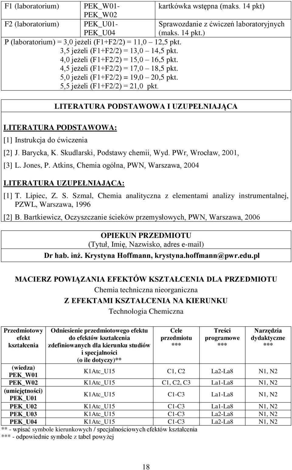 LITERATURA PODSTAWOWA I UZUPEŁNIAJĄCA LITERATURA PODSTAWOWA: [1] Instrukcja do ćwiczenia [] J. Barycka, K. Skudlarski, Podstawy chemii, Wyd. PWr, Wrocław, 001, [3] L. Jones, P.