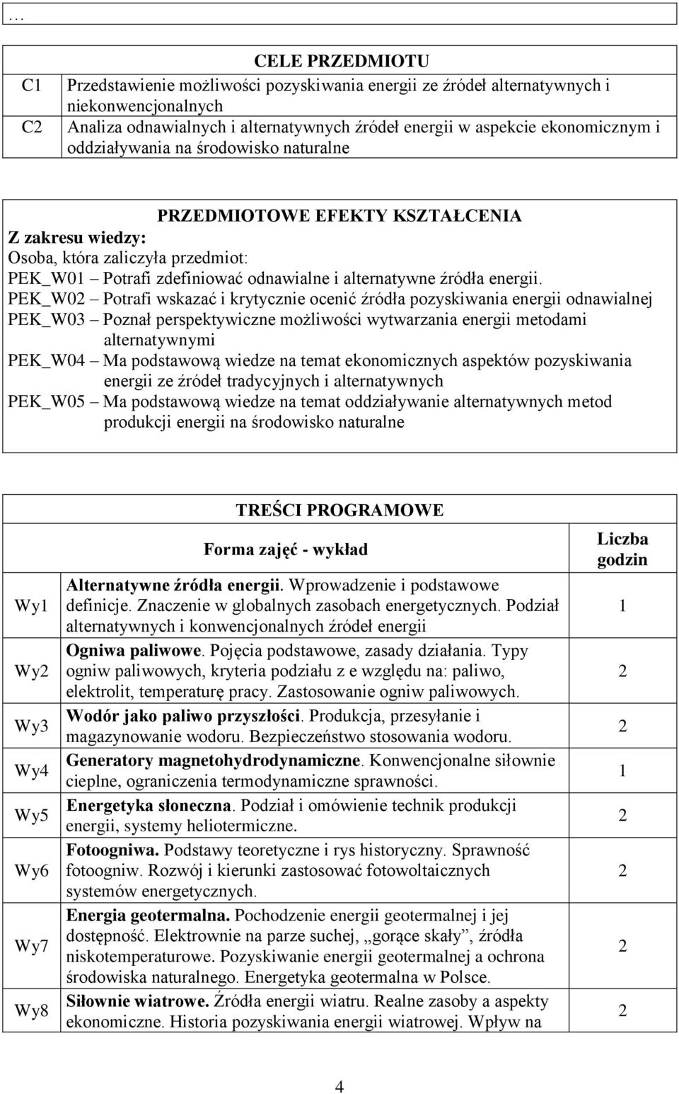 PEK_W0 Potrafi wskazać i krytycznie ocenić źródła pozyskiwania energii odnawialnej PEK_W03 Poznał perspektywiczne możliwości wytwarzania energii metodami alternatywnymi PEK_W04 Ma podstawową wiedze