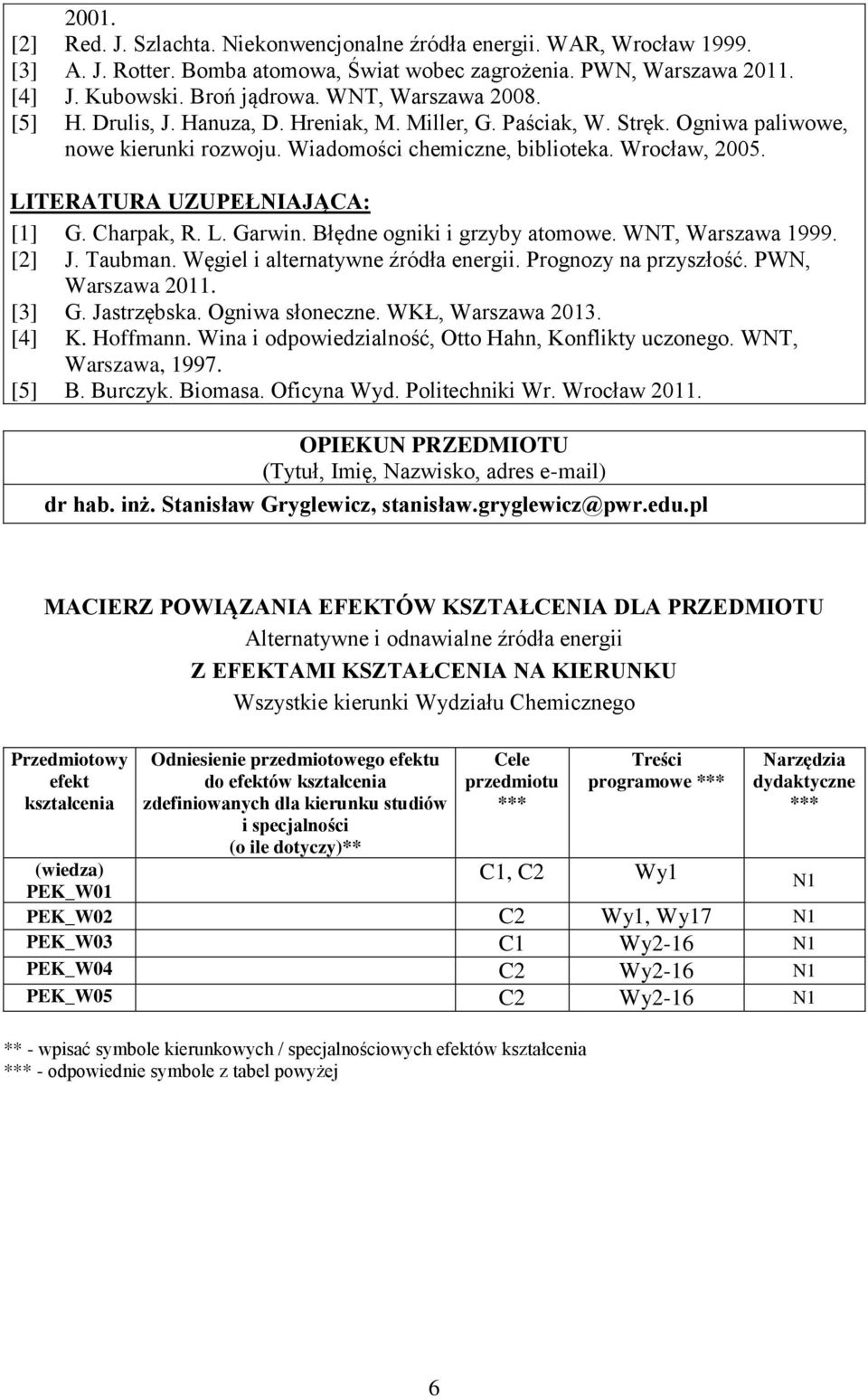 LITERATURA UZUPEŁNIAJĄCA: [1] G. Charpak, R. L. Garwin. Błędne ogniki i grzyby atomowe. WNT, Warszawa 1999. [] J. Taubman. Węgiel i alternatywne źródła energii. Prognozy na przyszłość.