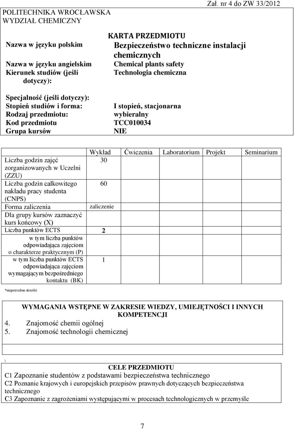 kursów KARTA PRZEDMIOTU Bezpieczeństwo techniczne instalacji chemicznych Chemical plants safety Technologia chemiczna I stopień, stacjonarna wybieralny TCC010034 NIE Liczba godzin zajęć