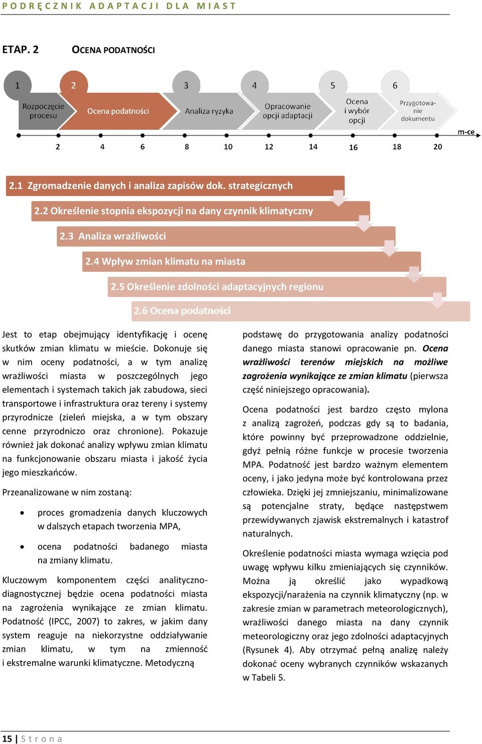 Dokonuje się w nim oceny podatności, a w tym analizę wrażliwości miasta w poszczególnych jego elementach i systemach takich jak zabudowa, sieci transportowe i infrastruktura oraz tereny i systemy