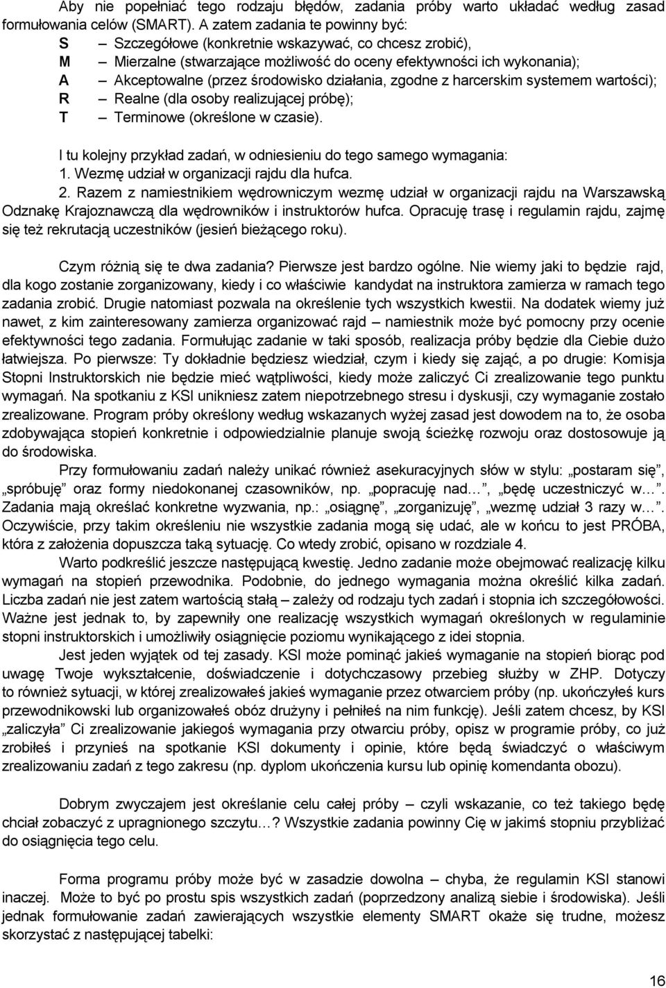 działania, zgodne z harcerskim systemem wartości); R Realne (dla osoby realizującej próbę); T Terminowe (określone w czasie). I tu kolejny przykład zadań, w odniesieniu do tego samego wymagania: 1.