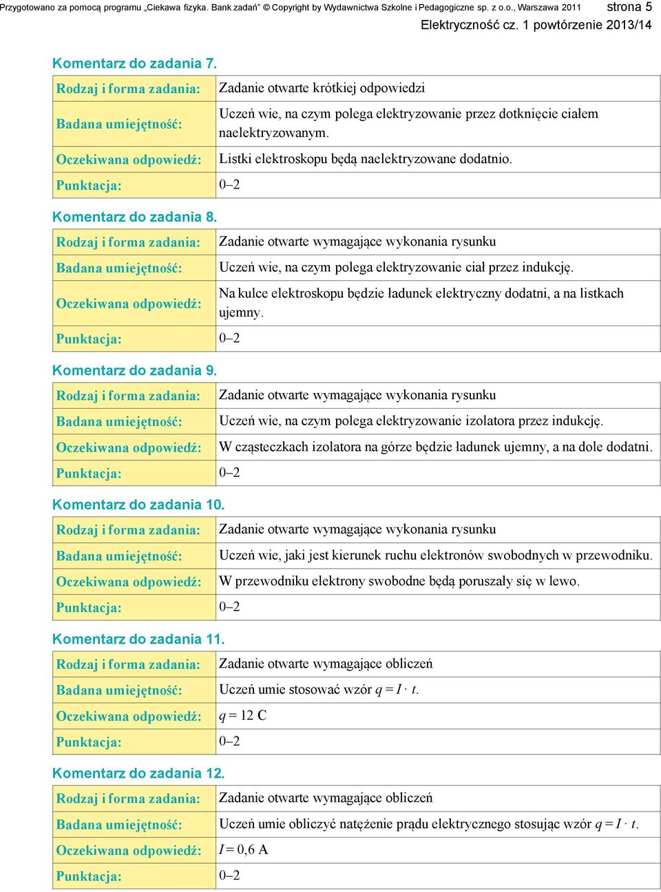 Listki elektroskopu będą naelektryzowane dodatnio. Uczeń wie, na czym polega elektryzowanie ciał przez indukcję. Na kulce elektroskopu będzie ładunek elektryczny dodatni, a na listkach ujemny.