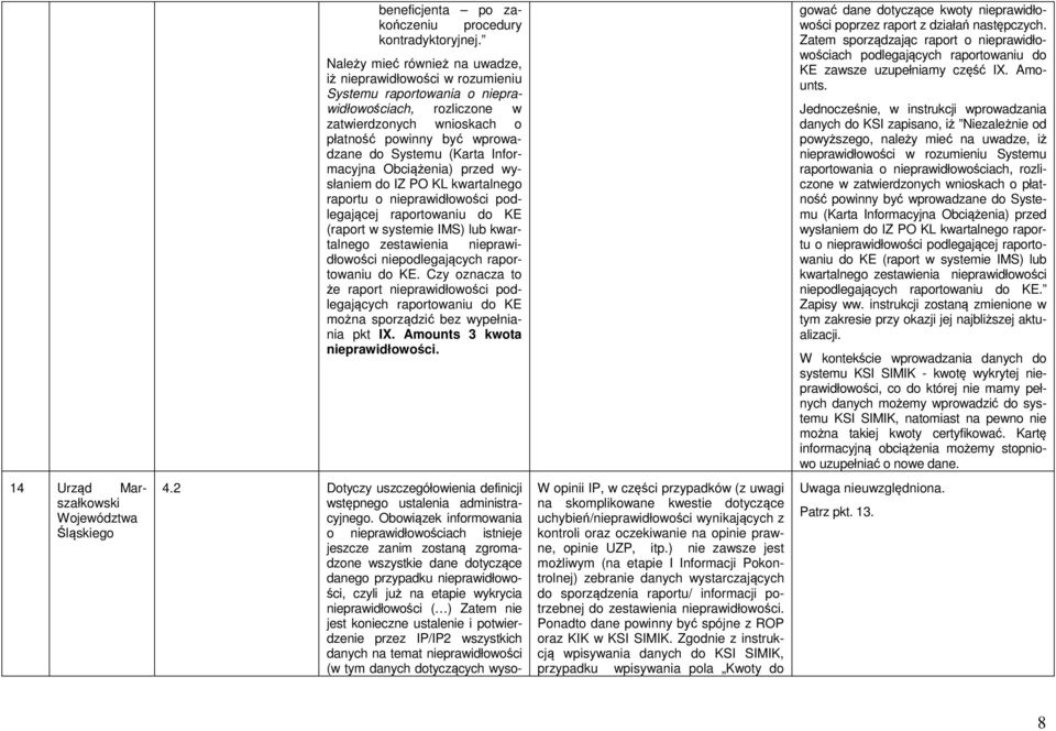 Informacyjna Obciążenia) przed wysłaniem do IZ PO KL kwartalnego raportu o nieprawidłowości podlegającej raportowaniu do KE (raport w systemie IMS) lub kwartalnego zestawienia nieprawidłowości