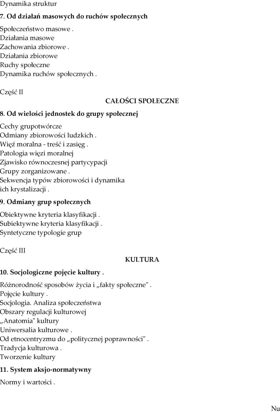 Patologia więzi moralnej Zjawisko równoczesnej partycypacji Grupy zorganizowane. Sekwencja typów zbiorowości i dynamika ich krystalizacji. 9. Odmiany grup społecznych Obiektywne kryteria klasyfikacji.