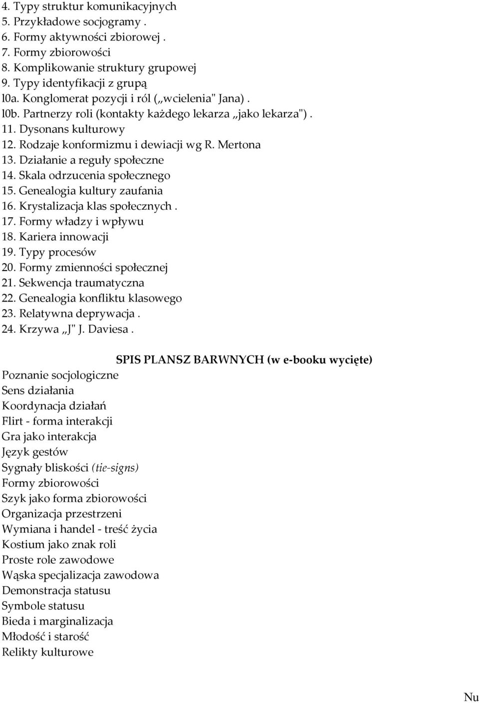 Działanie a reguły społeczne 14. Skala odrzucenia społecznego 15. Genealogia kultury zaufania 16. Krystalizacja klas społecznych. 17. Formy władzy i wpływu 18. Kariera innowacji 19. Typy procesów 20.