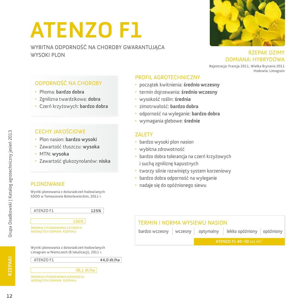 ODMiANA: HYBrYDOWA rejestracja: Francja 2011, Wielka Brytania 2011 Hodowla: Limagrain RZEPAKi Grupa Osadkowski Katalog agrotechniczny jesień 2013 CeCHY jakościowe Plon nasion: bardzo wysoki Zawartość