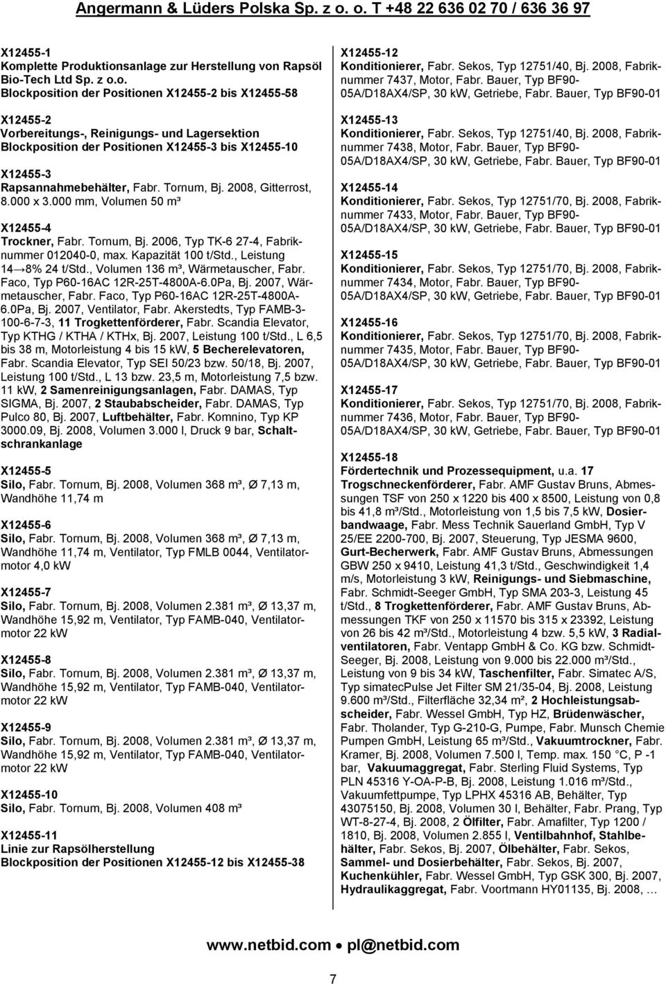 uktionsanlage zur Herstellung von Rapsöl Bio-Tech Ltd Sp. z o.o. Blockposition der Positionen X12455-2 bis X12455-58 X12455-2 Vorbereitungs-, Reinigungs- und Lagersektion Blockposition der Positionen X12455-3 bis X12455-10 X12455-3 Rapsannahmebehälter, Fabr.