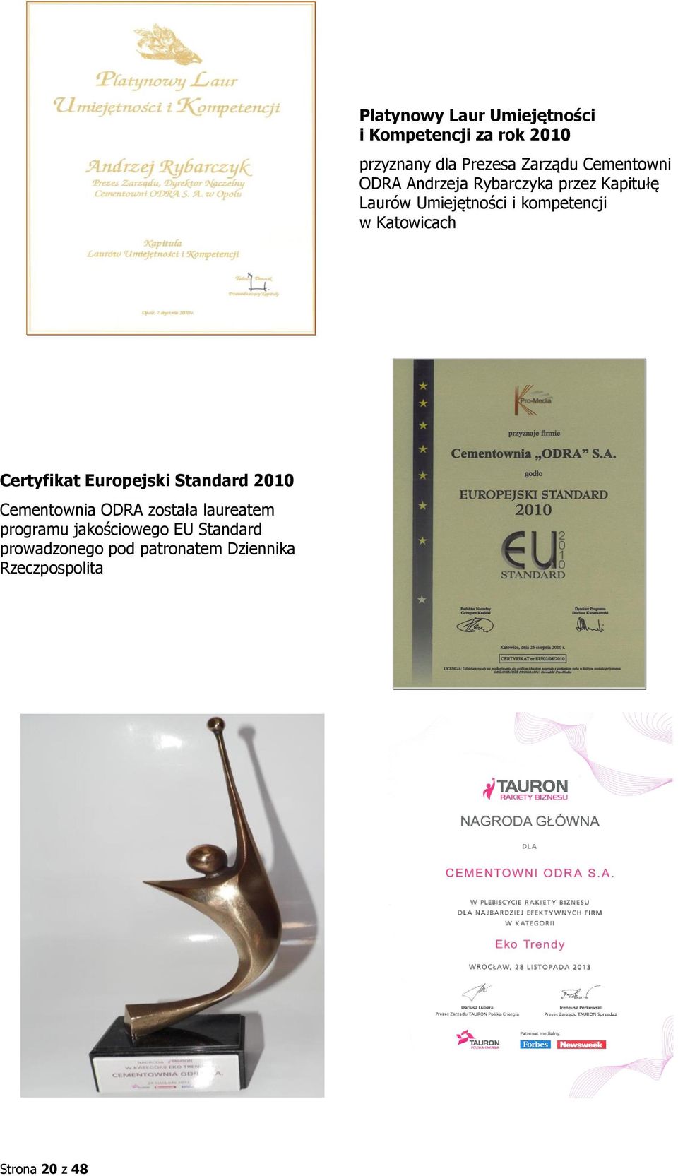 Katowicach Certyfikat Europejski Standard 2010 Cementownia ODRA została laureatem