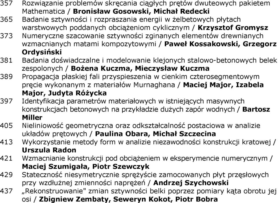 Ordysiński 381 Badania doświadczalne i modelowanie klejonych stalowo-betonowych belek zespolonych / Bożena Kuczma, Mieczysław Kuczma 389 Propagacja płaskiej fali przyspieszenia w cienkim