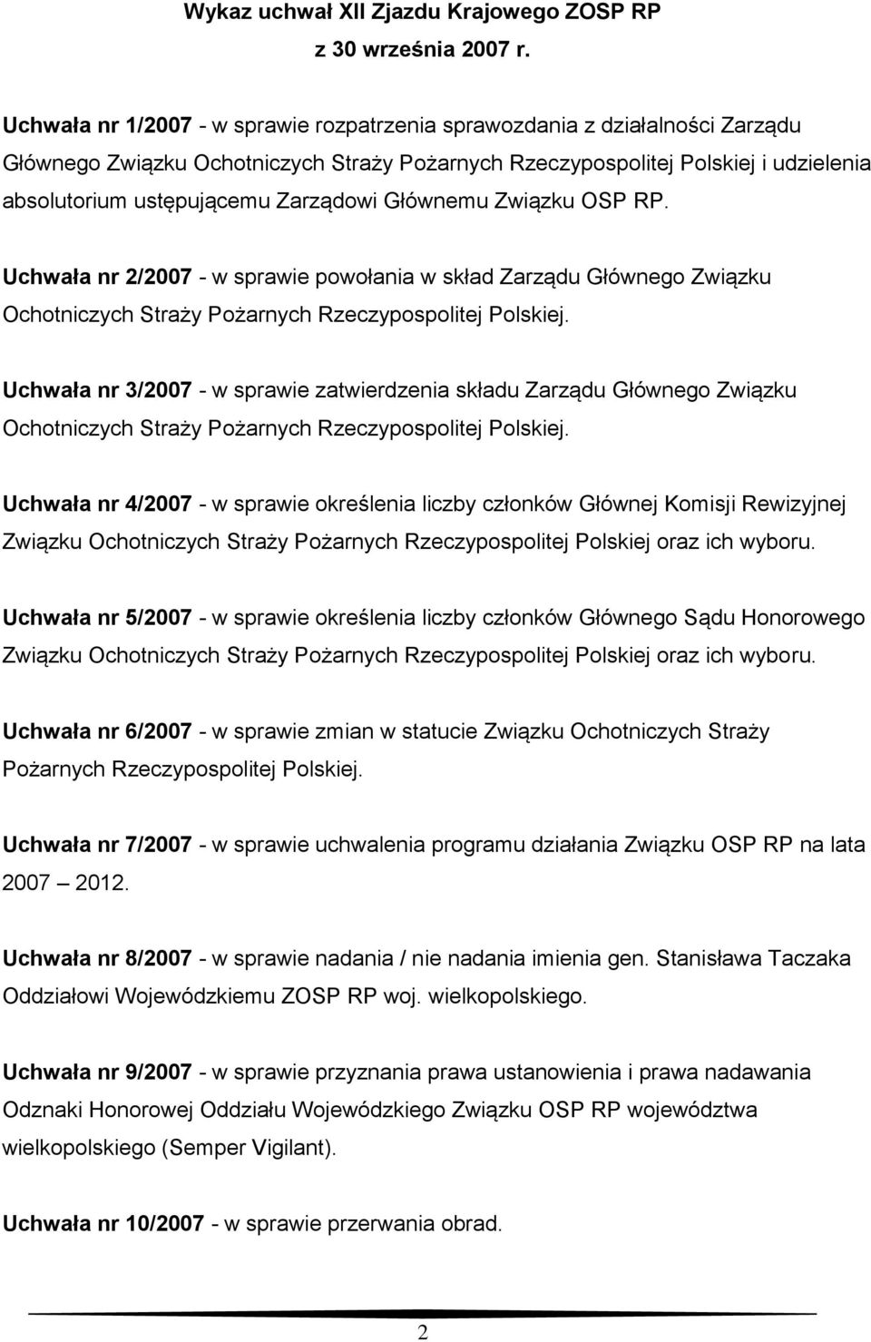 Zarządowi Głównemu Związku OSP RP. Uchwała nr 2/2007 - w sprawie powołania w skład Zarządu Głównego Związku Ochotniczych Straży Pożarnych Rzeczypospolitej Polskiej.