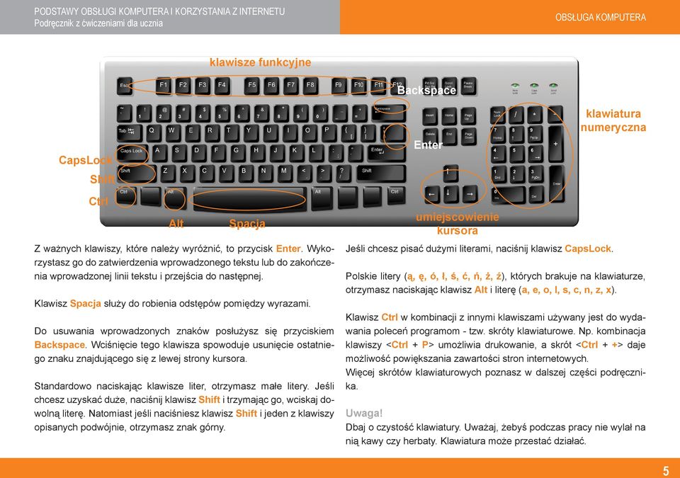 Klawisz Spacja służy do robienia odstępów pomiędzy wyrazami. Do usuwania wprowadzonych znaków posłużysz się przyciskiem Backspace.