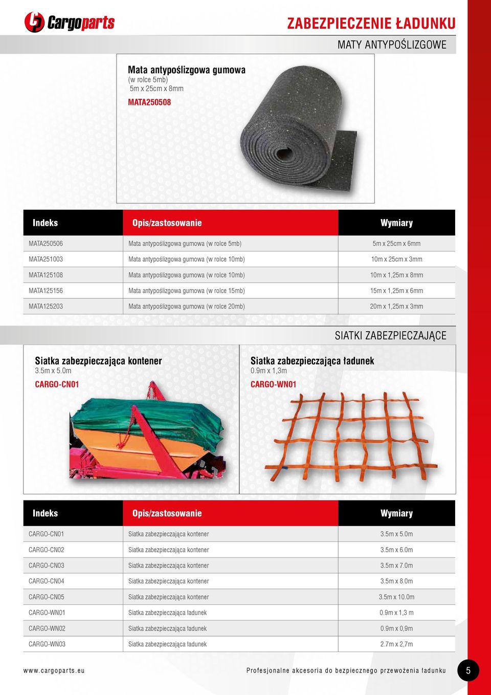 rolce 15mb) 15m x 1,25m x 6mm MATA125203 Mata antypoślizgowa gumowa (w rolce 20mb) 20m x 1,25m x 3mm Siatki zabezpieczające Siatka zabezpieczająca kontener 3.5m x 5.