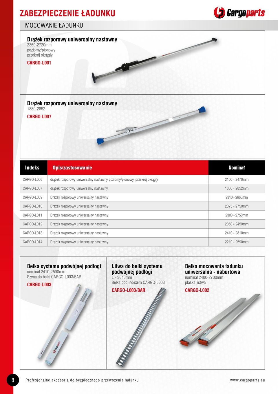 Drążek rozporowy uniwersalny nastawny 2310-2660mm CARGO-L010 Drążek rozporowy uniwersalny nastawny 2375-2750mm CARGO-L011 Drążek rozporowy uniwersalny nastawny 2300-2750mm CARGO-L012 Drążek rozporowy