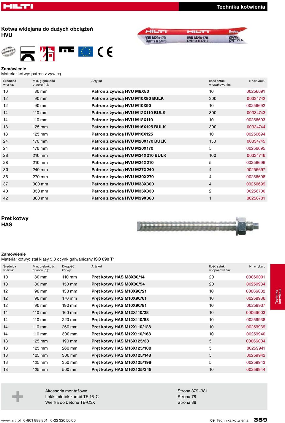 HVU M16X125 10 00256694 24 170 mm Patron z żywicą HVU M20X170 BULK 150 00334745 24 170 mm Patron z żywicą HVU M20X170 5 00256695 28 210 mm Patron z żywicą HVU M24X210 BULK 100 00334746 28 210 mm