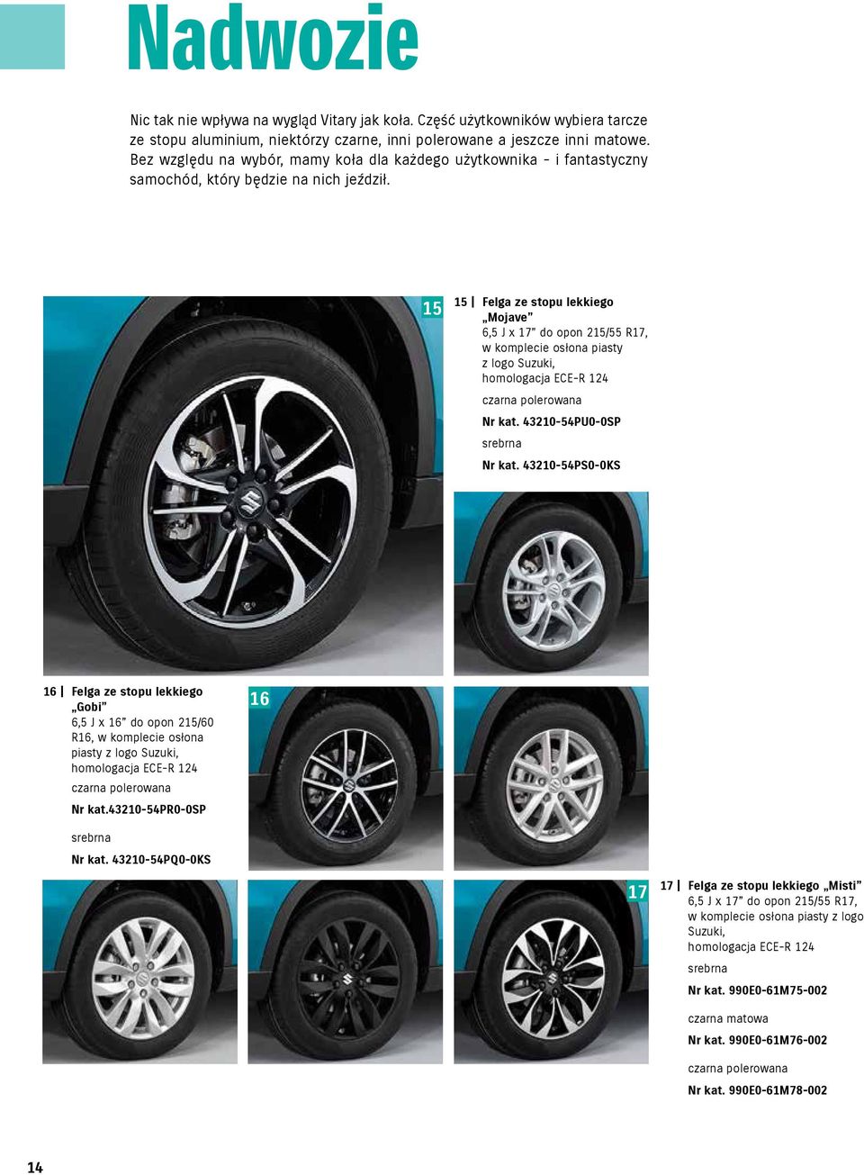 15 15 Felga ze stopu lekkiego Mojave 6,5 J x 17 do opon 215/55 R17, w komplecie osłona piasty z logo Suzuki, homologacja ECE-R 124 czarna polerowana Nr kat. 43210-54PU0-0SP srebrna Nr kat.