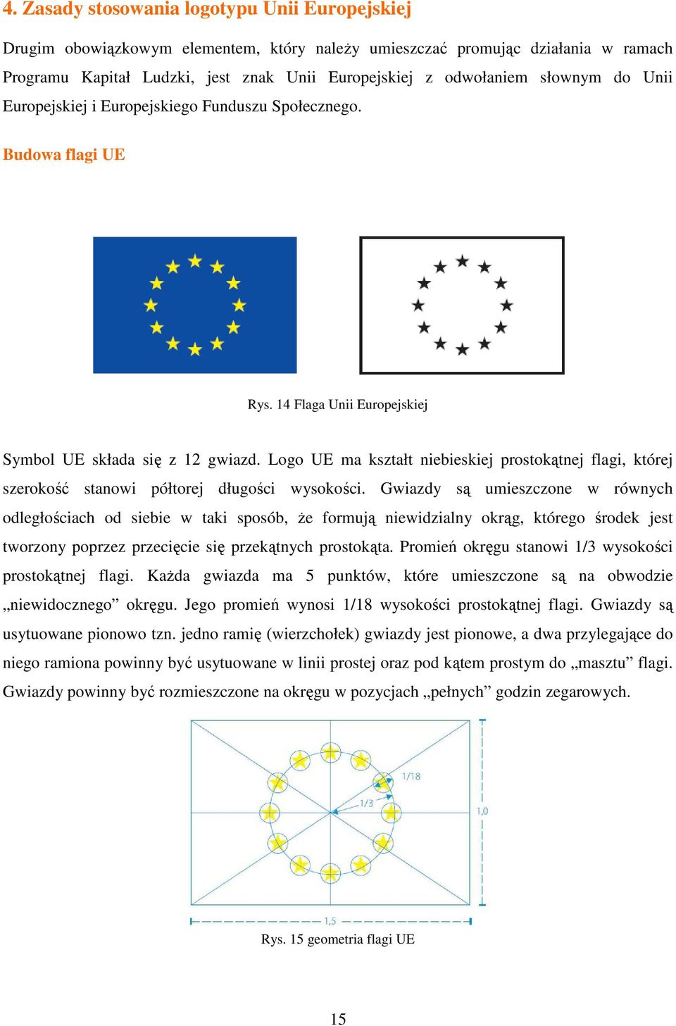 Logo UE ma kształt niebieskiej prostokątnej flagi, której szerokość stanowi półtorej długości wysokości.