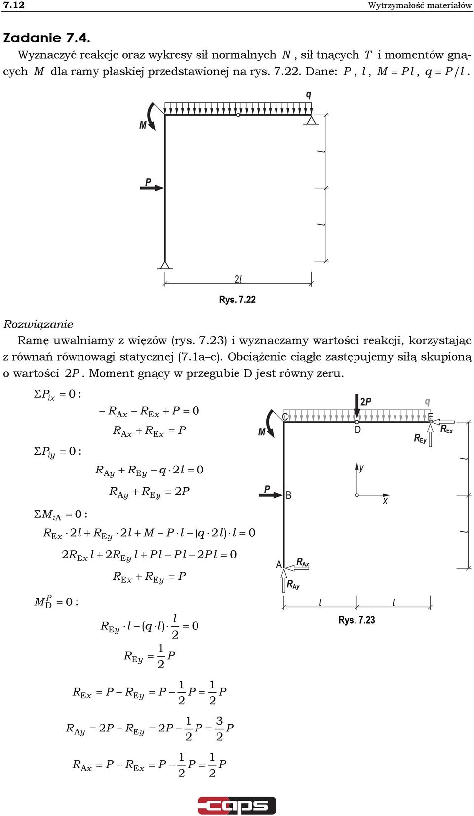 na rs. 7.. Dane:,,, q /. s. 7. ozwiązanie amę uwaniam z więzów rs. 7. i wznaczam wartości reakcji, korzstając z równań równowagi statcznej 7.