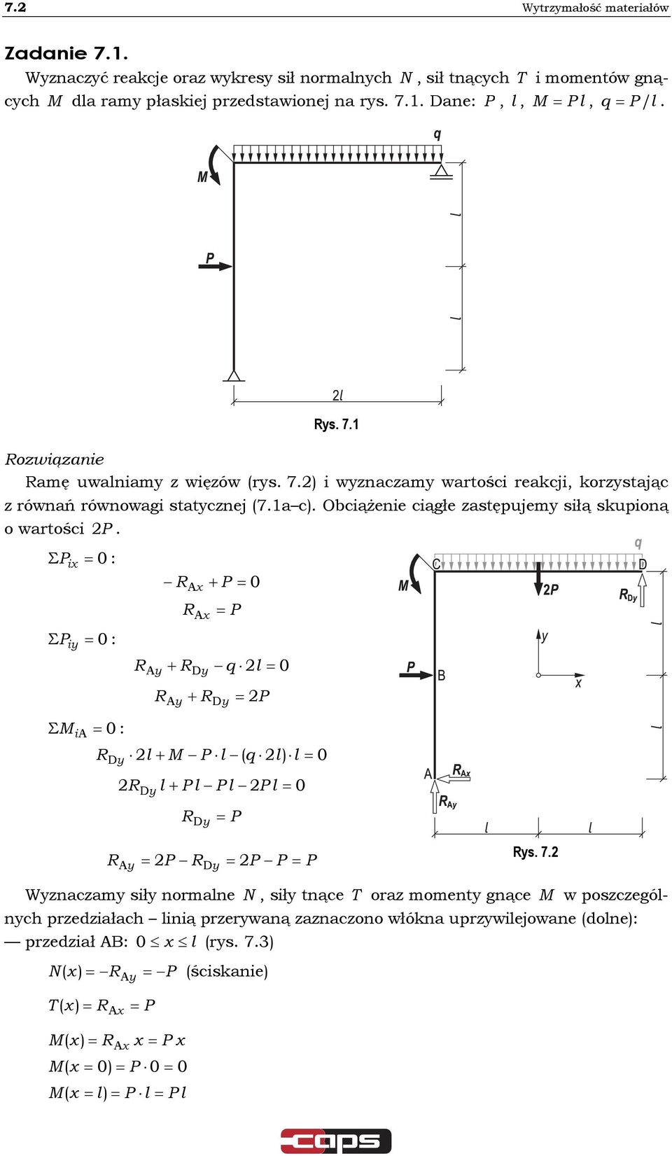 . Dane:,,, q /. s. 7. ozwiązanie amę uwaniam z więzów rs. 7. i wznaczam wartości reakcji, korzstając z równań równowagi statcznej 7.a c.