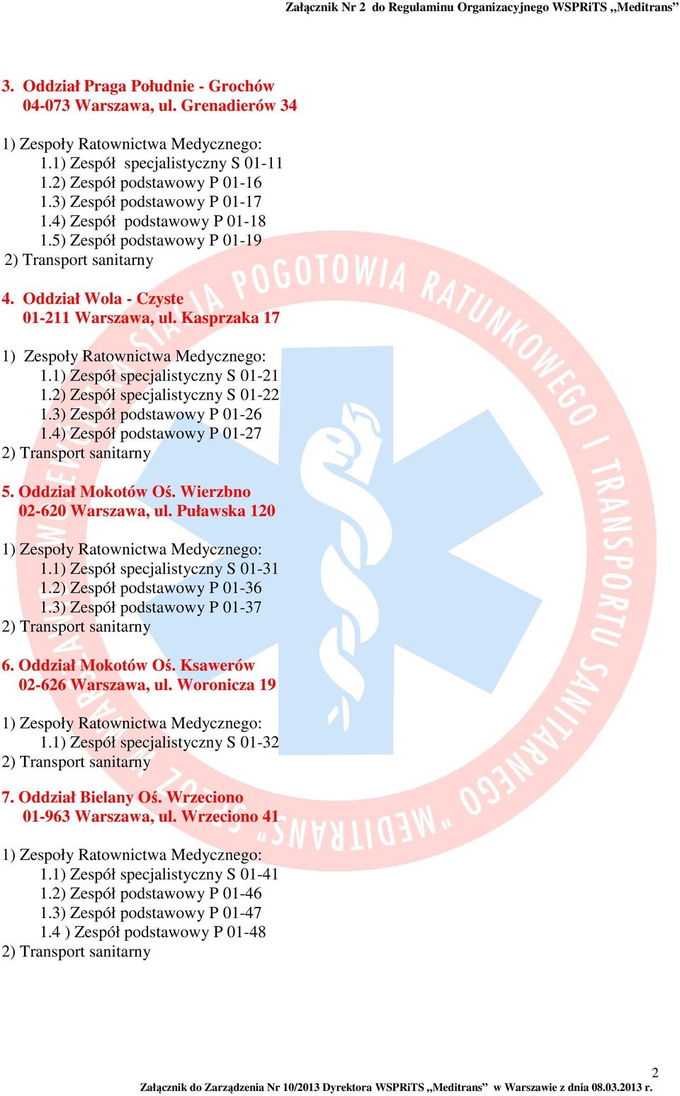 3) Zespół podstawowy P 01-26 1.4) Zespół podstawowy P 01-27 5. Oddział Mokotów Oś. Wierzbno 02-620 Warszawa, ul. Puławska 120 1.1) Zespół specjalistyczny S 01-31 1.2) Zespół podstawowy P 01-36 1.