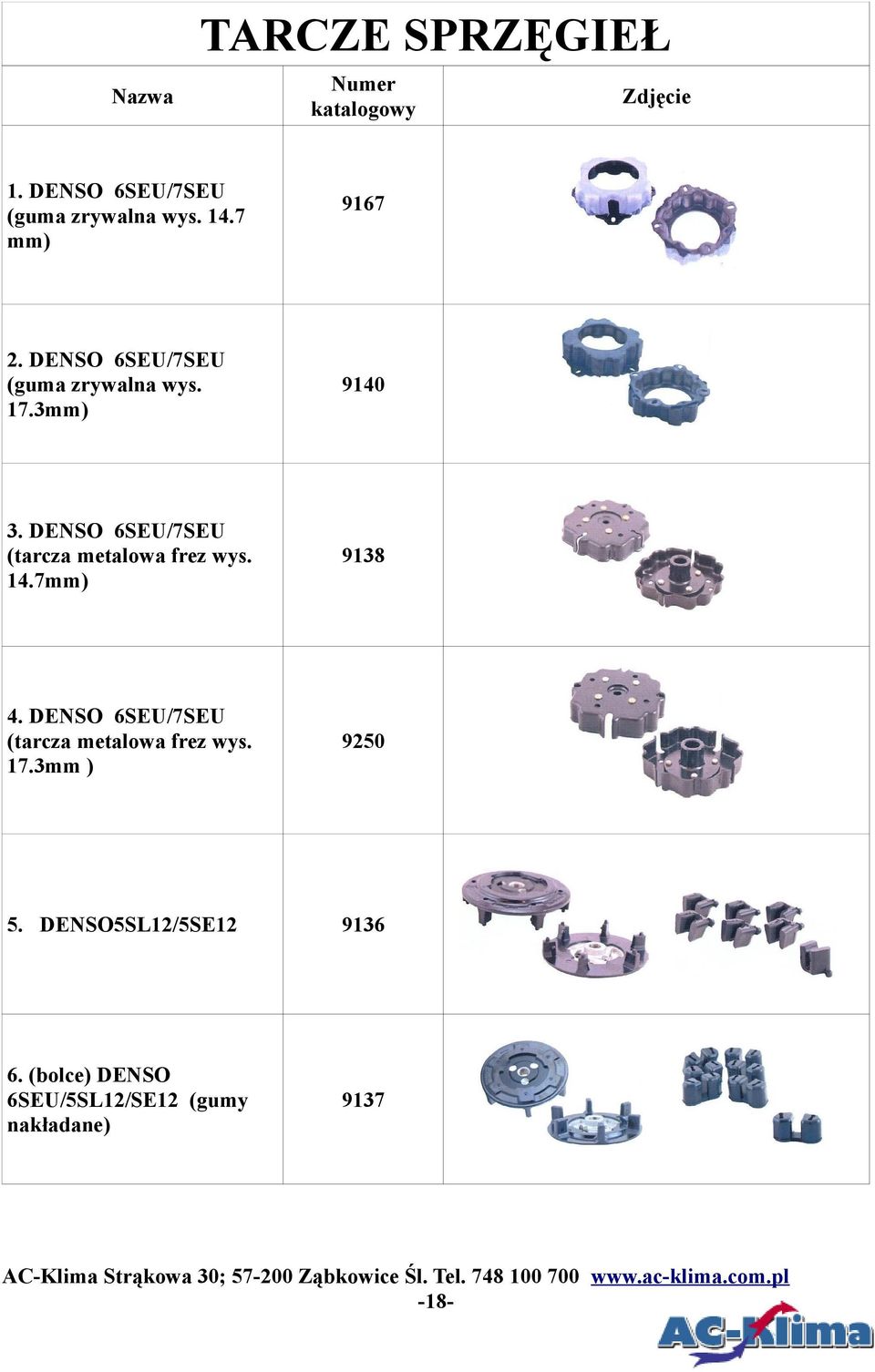 7mm) 9138 4. DENSO 6SEU/7SEU (tarcza metalowa frez wys. 17.3mm ) 9250 5. DENSO5SL12/5SE12 9136 6.