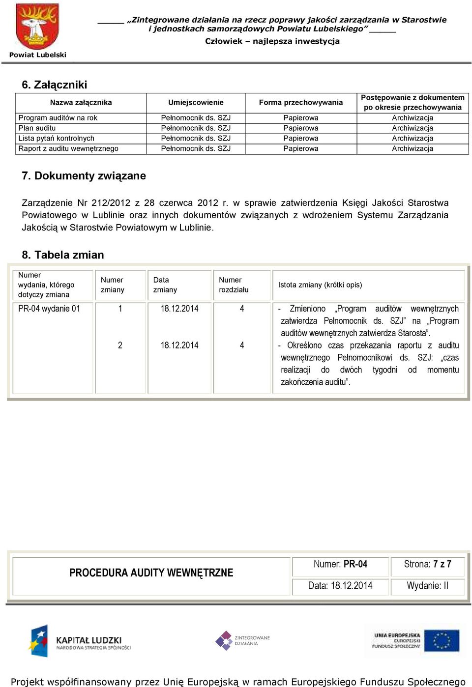 SZJ Papierowa Archiwizacja 7. Dokumenty związane Zarządzenie Nr 212/2012 z 28 czerwca 2012 r.