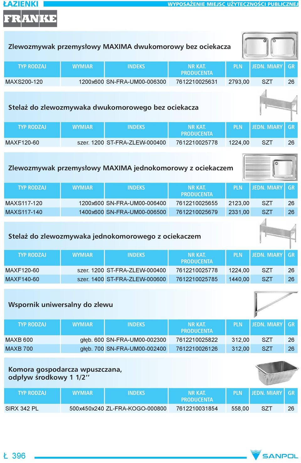 1400x600 SN-FRA-UM00-006500 7612210025679 2331,00 SZT 26 Stelaż do zlewozmywaka jednokomorowego z ociekaczem MAXF120-60 szer. 1200 ST-FRA-ZLEW-000400 7612210025778 1224,00 SZT 26 MAXF140-60 szer.