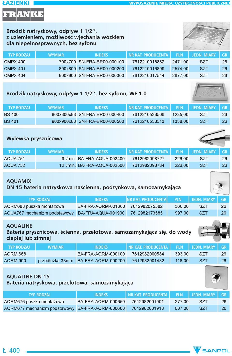 0 BS 400 800x800x88 SN-FRA-BR00-000400 7612210538506 1235,00 SZT 26 BS 401 900x900x88 SN-FRA-BR00-000500 7612210538513 1338,00 SZT 26 Wylewka prysznicowa AQUA 751 9 l/min.