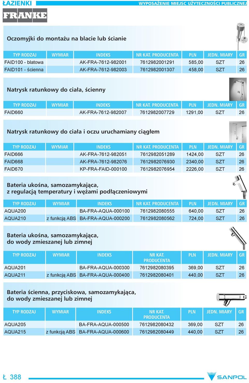 AK-FRA-7612-982076 7612982076930 2340,00 SZT 26 FAID670 KP-FRA-FAID-000100 7612982076954 2226,00 SZT 26 Bateria ukośna, samozamykająca, z regulacją temperatury i wężami podłączeniowymi AQUA200