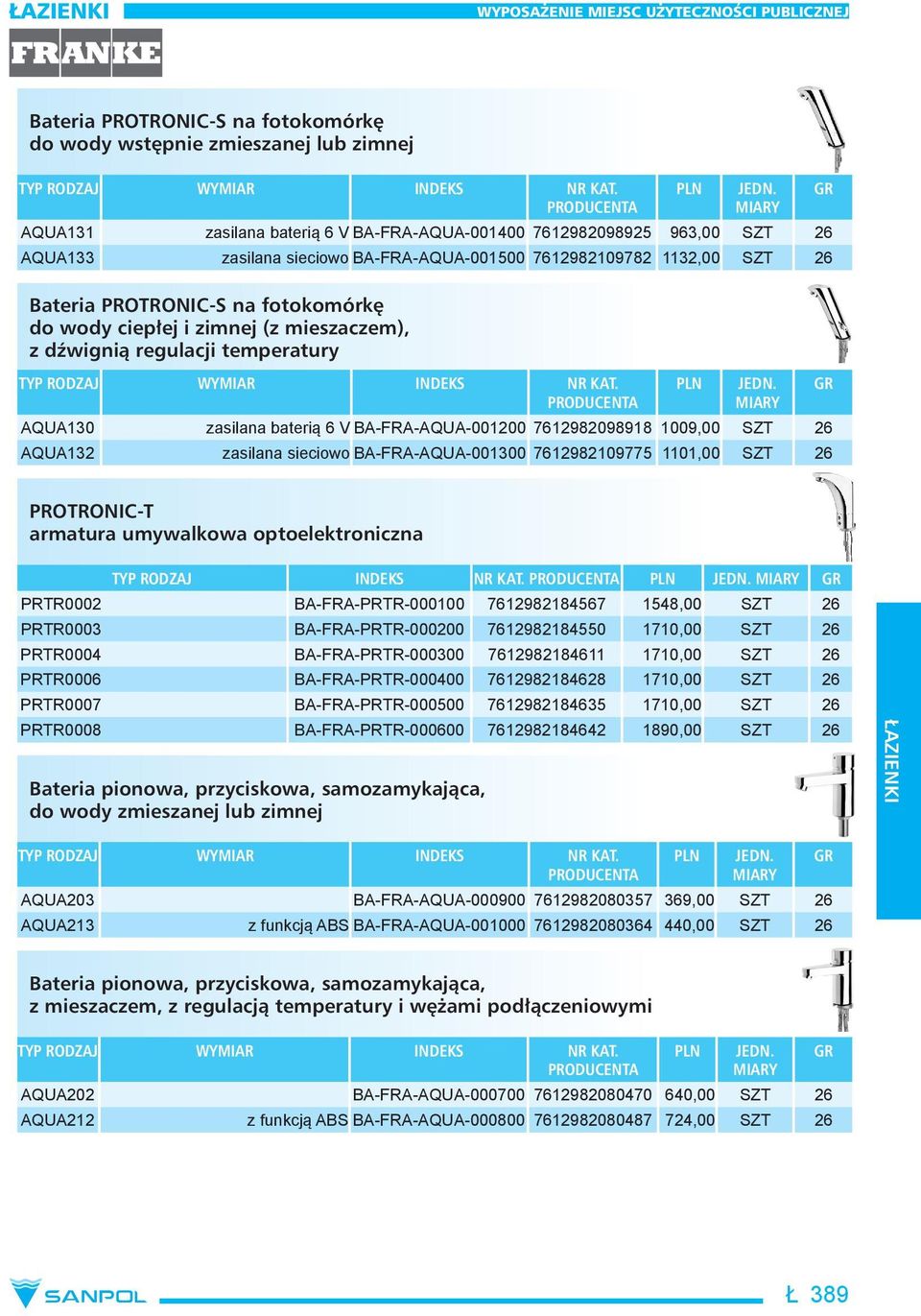 1009,00 SZT 26 AQUA132 zasilana sieciowo BA-FRA-AQUA-001300 7612982109775 1101,00 SZT 26 PROTRONIC-T armatura umywalkowa optoelektroniczna TYP RODZAJ INDEKS NR KAT.