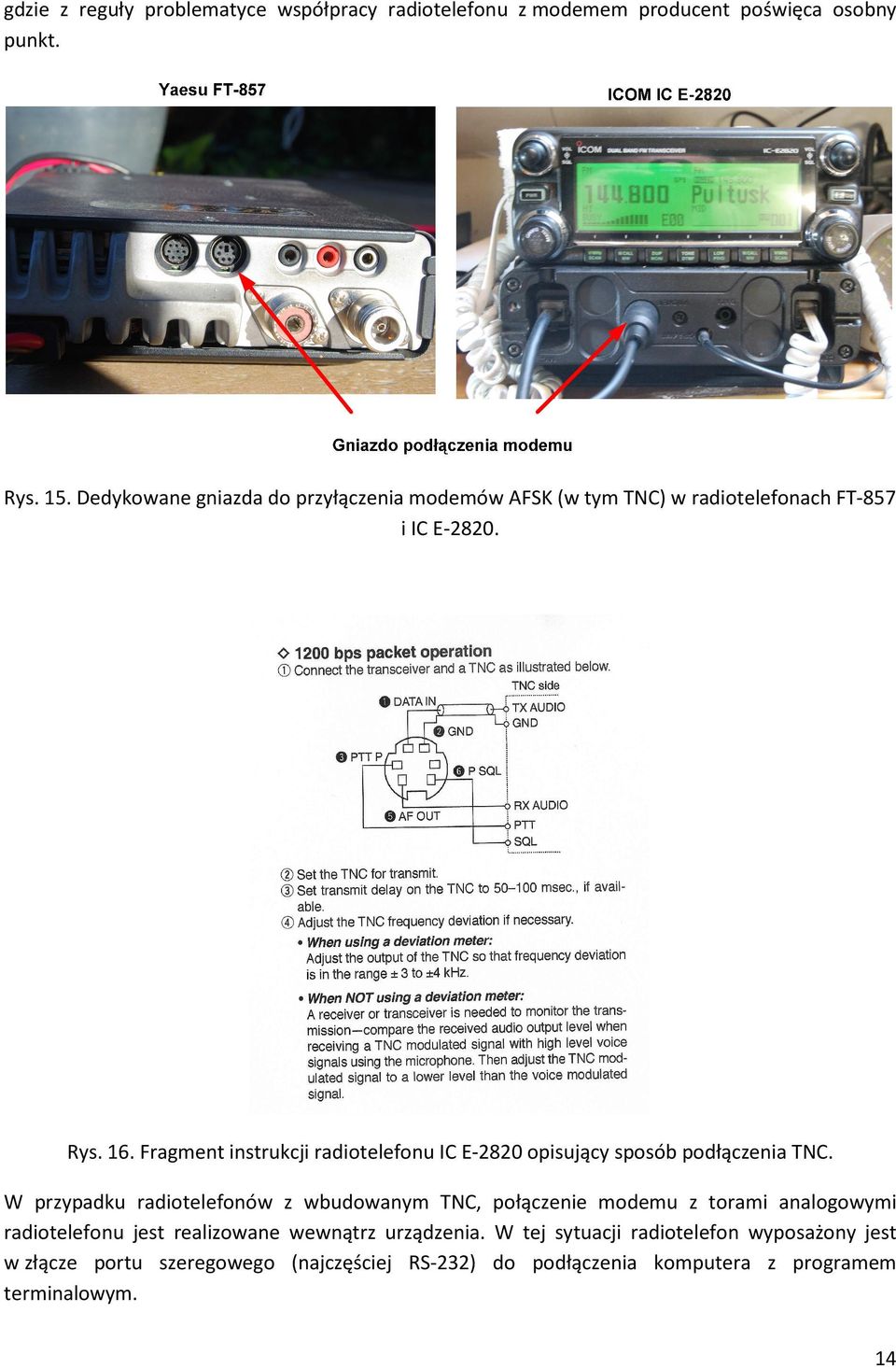 Fragment instrukcji radiotelefonu IC E-2820 opisujący sposób podłączenia TNC.