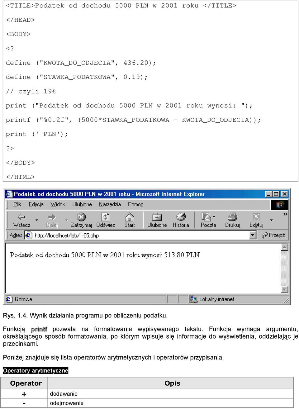 1.4. Wynik działania programu po obliczeniu podatku. Funkcją printf pozwala na formatowanie wypisywanego tekstu.