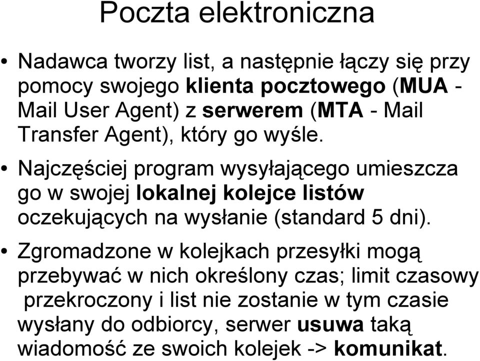 Najczęściej program wysyłającego umieszcza go w swojej lokalnej kolejce listów oczekujących na wysłanie (standard 5 dni).