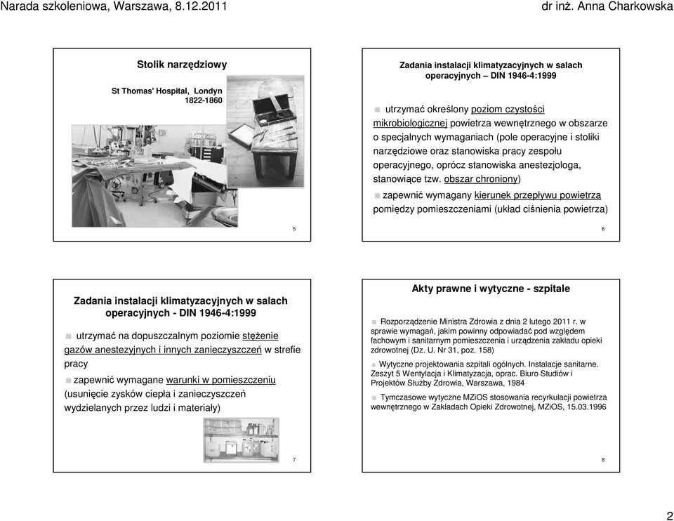 obszar chroniony) zapewnić wymagany kierunek przepływu powietrza pomiędzy pomieszczeniami (układ ciśnienia powietrza) 5 6 Zadania instalacji klimatyzacyjnych w salach operacyjnych - DIN 1946-4:1999