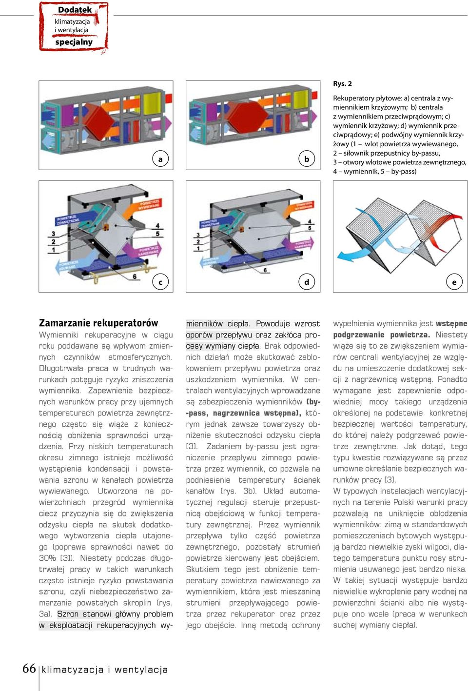 powietrza wywiewanego, 2 siłownik przepustnicy by-passu, 3 otwory wlotowe powietrza zewnętrznego, 4 wymiennik, 5 by-pass) c d e Zamarzanie rekuperatorów Wymienniki rekuperacyjne w ciągu roku