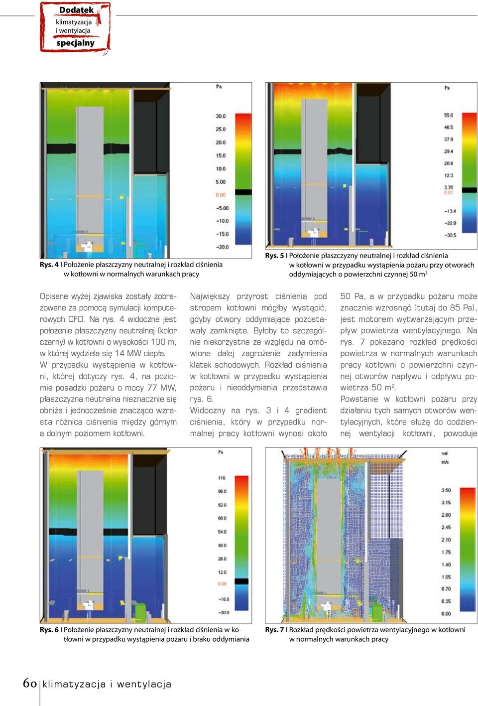 za pomocą symulacji komputerowych CFD. Na rys. 4 widoczne jest położenie płaszczyzny neutralnej (kolor czarny) w kotłowni o wysokości 100 m, w której wydziela się 14 MW ciepła.