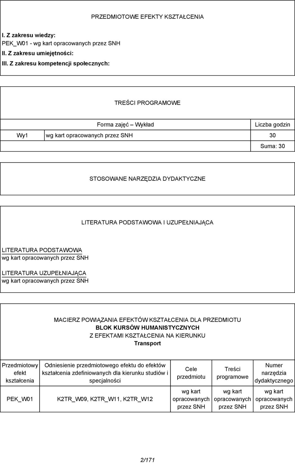 UZUPEŁNIAJĄCA LITERATURA PODSTAWOWA wg kart opracowanych przez SNH LITERATURA UZUPEŁNIAJĄCA wg kart opracowanych przez SNH MACIERZ POWIĄZANIA EFEKTÓW KSZTAŁCENIA DLA PRZEDMIOTU BLOK KURSÓW