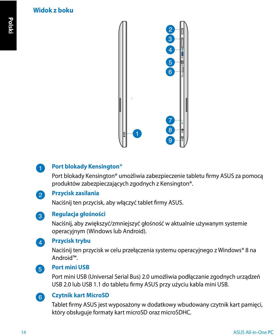 Regulacja głośności Naciśnij, aby zwiększyć/zmniejszyć głośność w aktualnie używanym systemie operacyjnym (Windows lub Android).