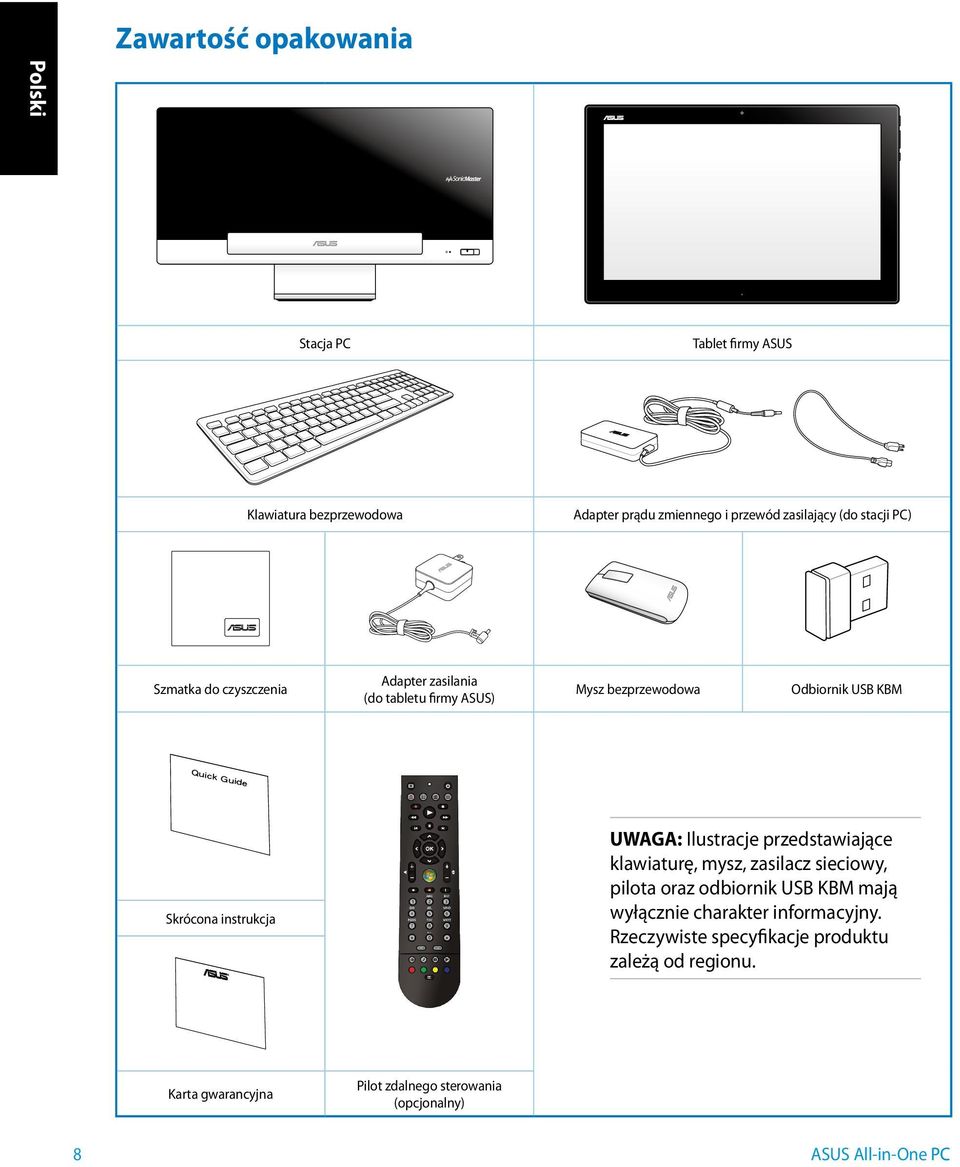 Skrócona instrukcja UWAGA: Ilustracje przedstawiające klawiaturę, mysz, zasilacz sieciowy, pilota oraz odbiornik USB KBM mają